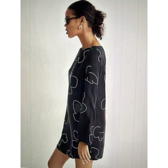 MADEWELL Erika Cupro Shift Mini Dress Long Bell Sleeve Black Patterned Size M - Picture 3 of 14